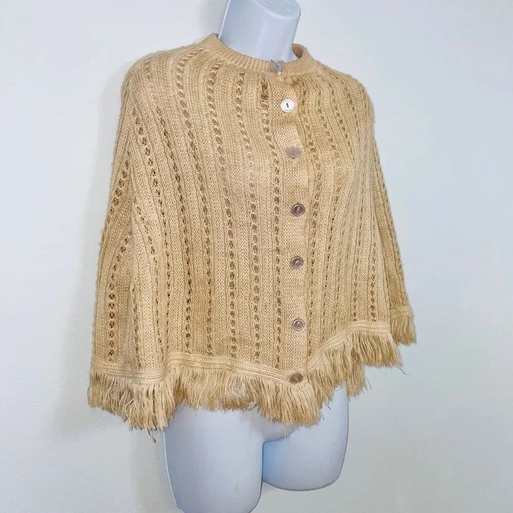 Womens Sweater Poncho OS Beige Sleeveless Cable Knit Fringe One Size - Picture 5 of 9